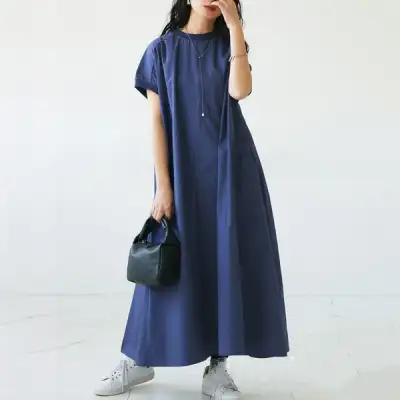 存在感抜群 ラウンドネック Aライン 半袖 無地 ポケット付き カジュアルワンピース 大人 ootd 夏コーデ 夏服 レディース ファッション 20代 30代 40代 50代 カジュアル コーディネート トレンド 着回し