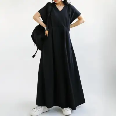 ドルマンスリーブ  無地  ワンピース  ギャザー  スリムに見える  Vネック  夏服  スリムフィット」  新作  日本風  レディース
