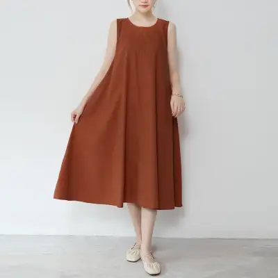 ワンピース  ベージュ  コットン  ノースリーブ  ゆったり  夏服  綿麻  なし  2024  レディース