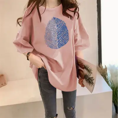 Tシャツ  カジュアル  プリント  半袖  クルーネック  夏服  韓国風  普通  インナー  ミディ丈 / ミディアム丈  大きめサイズ