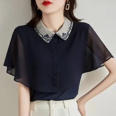 シャツ  刺繍  ポンチョ  シフォン  折り襟  夏服  新作  おしゃれ / ファッション  レトロ  流行  レディース  トップス