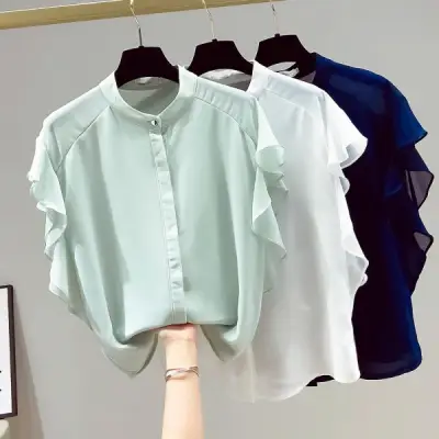 SNSで話題沸騰 無地 ボタン 半袖 スタンドネック フリル袖 シンプル シフォンシャツ 大人 ootd 夏コーデ 夏服 レディース ファッション 20代 30代 40代 50代 カジュアル コーディネート トレンド 着回し