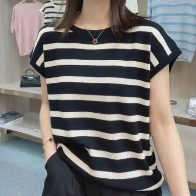 「今 着たい」 プルオーバー 半袖 切り替え ラウンドネック ボーダー カジュアル Tシャツ