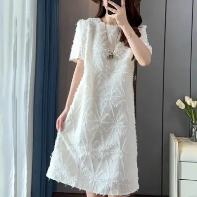 人気新品 タッセル レース 無地 Aライン 半袖 フェミニン ワンピース 大人 ootd 夏コーデ 夏服 レディース ファッション 20代 30代 40代 50代 カジュアル コーディネート トレンド 着回し