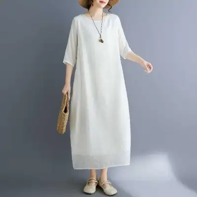 『今売れてます!』 ラウンドネック ロング Aライン 七分袖 無地 カジュアルワンピース 大人 ootd 夏コーデ 夏服 レディース ファッション 20代 30代 40代 50代 カジュアル コーディネート トレンド 着回し