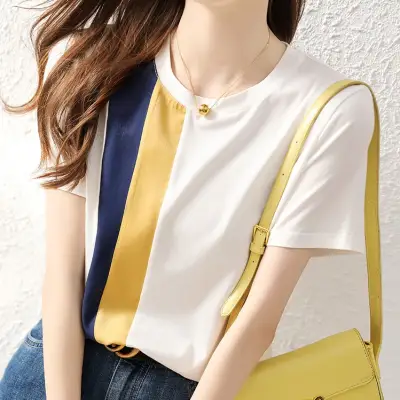 絶対流行 シンプル 半袖 混色 ラウンドネック Tシャツ 大人 ootd 夏コーデ 夏服 レディース ファッション 20代 30代 40代 50代 カジュアル コーディネート トレンド 着回し