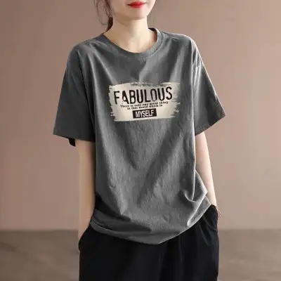 上品な可愛さカジュアル森ガール半袖ラウンドネックアルファベットTシャツブラック黑ホワイト白グレーレッドコーディネートカジュアルファッション着回しootd夏コーデ夏服レディース20代30代40代50代