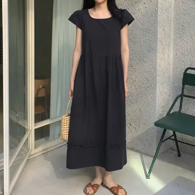 流行の予感切り替え無地Aライン半袖フリル袖シンプルワンピースコーディネートカジュアルファッション着回しootd夏コーデ夏服レディース20代30代40代50代