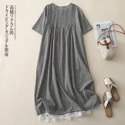 新作発売！ 切り替え レース チェック柄 半袖 ボタン レトロ ワンピース 大人 ootd 夏コーデ 夏服 レディース ファッション 20代 30代 40代 50代 カジュアル コーディネート トレンド 着回し