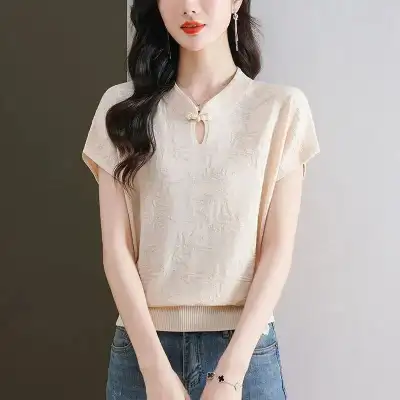 シルク  ニット  半袖  スタンドネック  夏服  普通  中華風  新作  洗練された  トップス