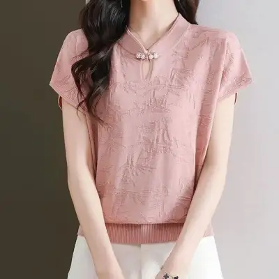 シルク  ニット  半袖  スタンドネック  夏服  普通  中華風  新作  2024  洗練された  トップス