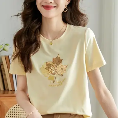 Tシャツ  コットン  半袖  スリムに見える  ゆったり  クルーネック  S  新作   レディース  トップス
