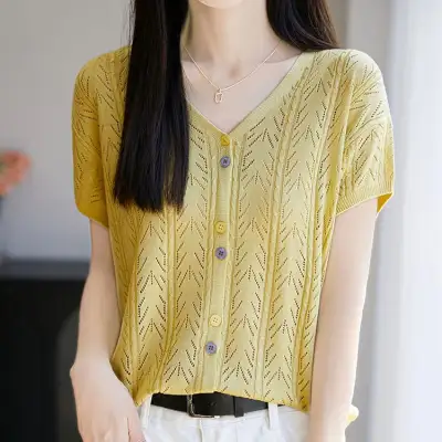 Tシャツ  無地  カーディガン  透かし彫り  シルク  半袖  Vネック  夏服  ジャカード  新作  レディース