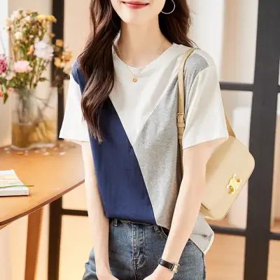 Tシャツ  シンプル  カラーブロック  スリムに見える  どんなスタイルにも合う  夏服  韓国風  若く見え  着心地良い  新作  おしゃれ / ファッション  レディース