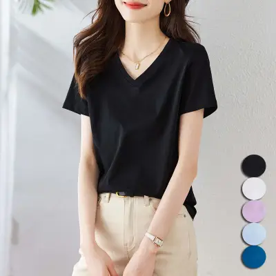 人気商品再入荷 Vネック 半袖 無地 プルオーバー エレガント Tシャツ 大人 ootd 夏コーデ 夏服 レディース ファッション 20代 30代 40代 50代 カジュアル コーディネート トレンド 着回し