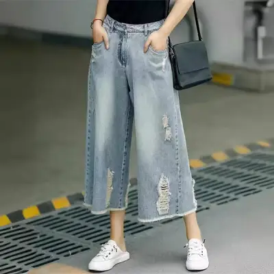 ワイドパンツ  デニムパンツ  ダメージデニムパンツ  カジュアル  エイジング加工  カジュアルパンツ  ゆったり  ダメージ加工  ハイウエスト  夏服  7分  薄  レトロ  レディース