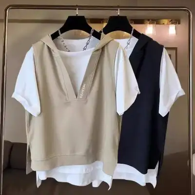 Tシャツ  半袖  どんなスタイルにも合う  ゆったり  フード付き  夏服  フェイクレイヤード  刺繍  日本風  レディース  大きめサイズ