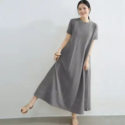 ワンピース プルオーバー エンボス加工 3type ストレッチ 伸縮性 無地 体型カバー シンプル 丸首 ラウンドネック ロングワンピース