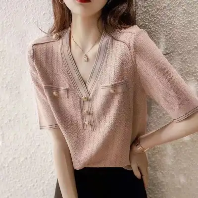 Tシャツ  シルク  ニット  ニットトップス  半袖  スリムに見える  Vネック  夏服  薄  若く見え  通気性良い レディース