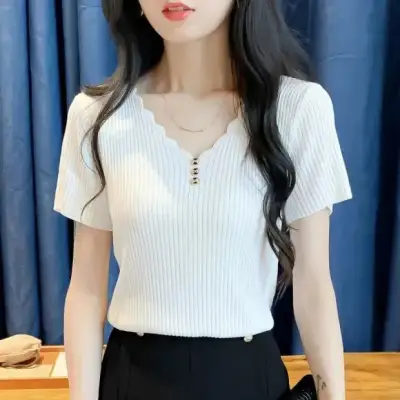 Tシャツ  シルク  ニット  半袖  Vネック  夏服  韓国風  スリムフィット」  インナー  新作  流行  レディース  大きめサイズ