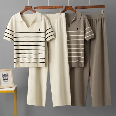 Tシャツ  セットアップ  ストライプ柄  カジュアル  ニット  ゆったり  ロングパンツ  POLOネック  夏服  L  【2点セット】  レディース