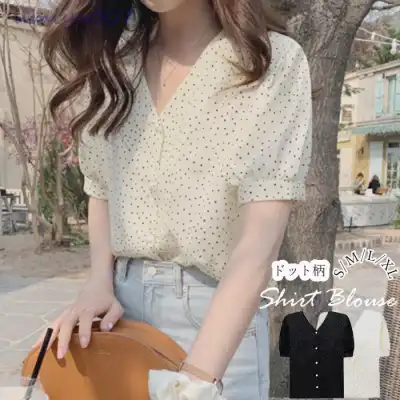 ドット  シャツ  シフォン  ブラウス  半袖  どんなスタイルにも合う  Vネック  デザイン  気質  レトロ  デザイン性  ニッチ  レディース