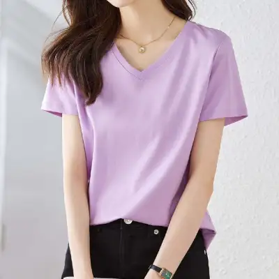 人気商品再入荷 Vネック 半袖 無地 プルオーバー エレガント Tシャツ 大人 ootd 夏コーデ 夏服 レディース ファッション 20代 30代 40代 50代 カジュアル コーディネート トレンド 着回し