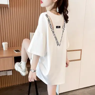 Tシャツ  透かし彫り  チュニック  コットン  ゆったり  韓国風  デザイン  普通  コットン100%  若く見え  流行  レディース  ミディ丈 / ミディアム丈  洗練された