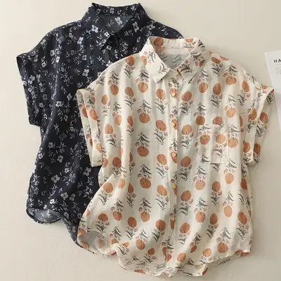 シャツ  カジュアル  ベージュ  プリント  コットン  ノースリーブ  ゆったり  夏服  森ガール  綿麻  なし  着心地良い  通気性良い  レディース  軽量