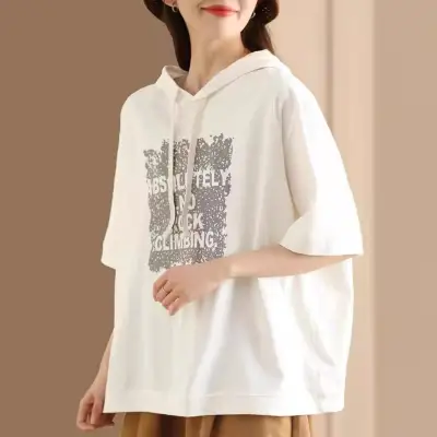 Tシャツ  五分袖  カジュアル  プリント  アルファベット  コットン  ゆったり  フード付き  プルオーバー  夏服  普通  新作  レディース