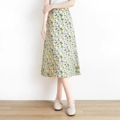 花柄  シフォン  プリント  スリムに見える  ロング  膝下丈  ハイウエスト  普通  新作   レディース