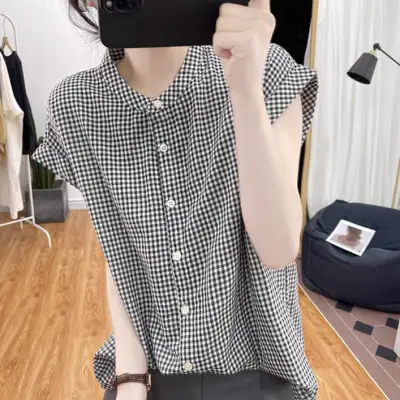 シャツ  コットン  半袖  ゆったり  クルーネック  夏服  薄  若く見え  フライングスリーブ  レトロ  レディース