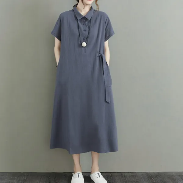 綿混 コットン シンプル ゆったり 抜け感 ポケット付 Vネック Ａラインワンピース カットソー ワンピース シャツワンピ オーバーサイズ 大人 20代 30代 40代 50代