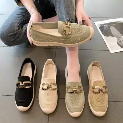 【Spake】無地 ラバーローヒール丸トゥフラットヒールキックニットローファーシューズ