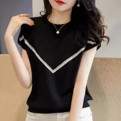 通気性良い フェミニン 配色 シンプル プルオーバー ラウンドネック Tシャツ