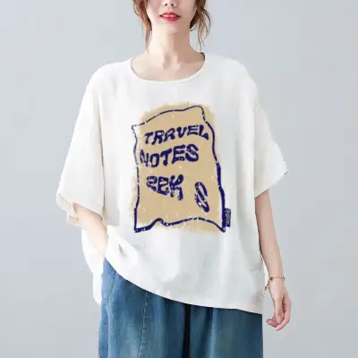 Tシャツ  カジュアル  ベージュ  プリント  コットン  半袖  どんなスタイルにも合う  ゆったり  クルーネック  夏服  デザイン  綿麻  新作  デザイン性  レディース  大きめサイズ