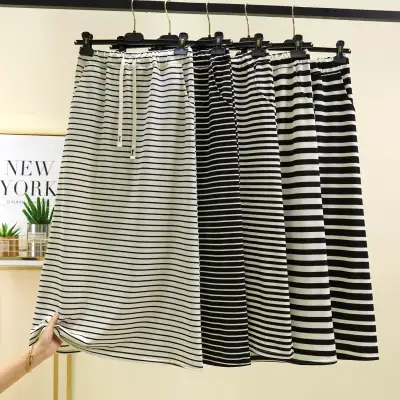 ストライプ柄  スリムに見える  ロング  スリット  ハイウエスト  夏服  黒と白のストリップ  インナー  新作  レディース