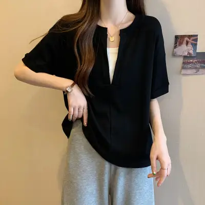 Tシャツ  半袖  スリムに見える  どんなスタイルにも合う  Vネック  夏服  韓国風  レディース  大きめサイズ
