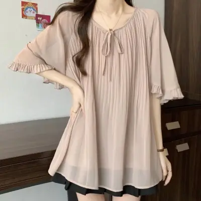 新品殺到 リボン 七分袖 ギャザー 無地 パフスリーブ スウィート シフォンシャツ