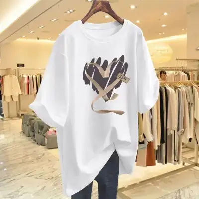 主役級 プリント ラウンドネック プルオーバー 中長 半袖 カジュアル Tシャツ