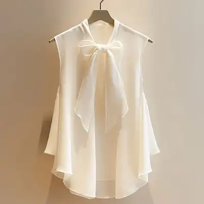 「今 着たい」 リボンカラー リボン 無地 ラウンドネック ノースリーブ スウィート シフォンシャツ