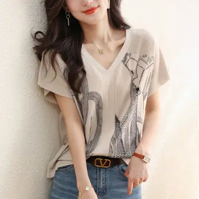 主役級 Vネック 半袖 切り替え ビックシルエット プリント エレガント シフォンシャツ 大人 ootd 夏コーデ 夏服 レディース ファッション 20代 30代 40代 50代 カジュアル コーディネート トレンド 着回し