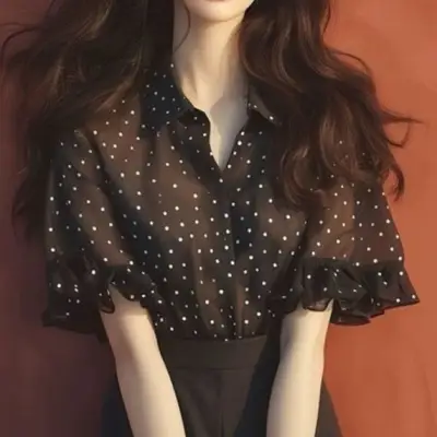 毎日モテ続けちゃう プリント ドット柄 シフォン 半袖 折り襟 フェミニン シャツ ブラック 黑 大人 ootd 夏コーデ 夏服 レディース ファッション 20代 30代 40代 50代 カジュアル コーディネート トレンド 着回し