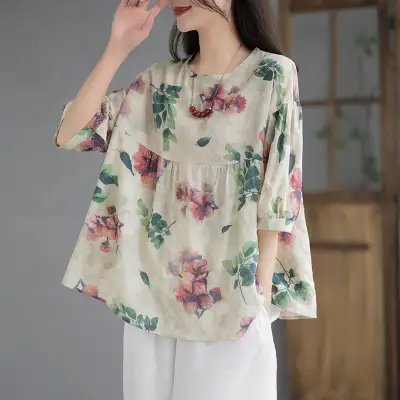 エスニックスタイル  五分袖  ベージュ  プリント  エスニック  コットン  スリムに見える  ゆったり  夏服  綿麻  薄  普通  新作  レトロ  レディース