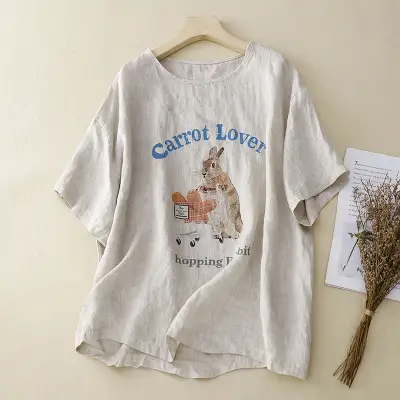 Tシャツ  カジュアル  ベージュ  プリント  コットン  半袖  どんなスタイルにも合う  ゆったり  プルオーバー  綿麻  文芸  新作  レトロ  レディース