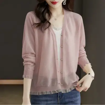 ピンク  カーディガン  レース  ストール  シルク  ニット  アウター  ニットトップス  ミニ丈  夏服  薄  日焼け止め  レディース