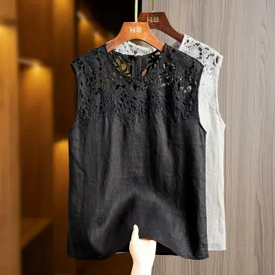 Tシャツ  レース  透かし彫り  シルク  ベージュ  タンクトップ  コットン  ノースリーブ  ゆったり  綿麻  なし  リネン  レトロ  刺繍  フレンチスタイル  レディース
