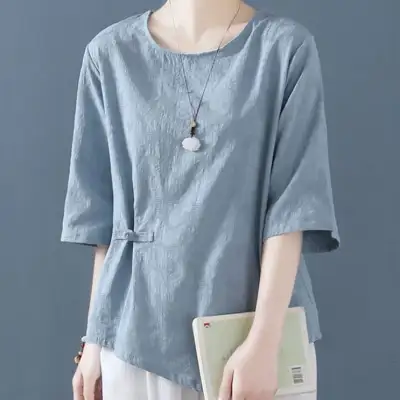 Tシャツ  不規則  ベージュ  コットン  半袖  スリムに見える  ゆったり  夏服  綿麻  文芸  ジャカード  リネン  新作  レディース