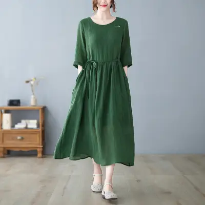 ワンピース  ベージュ  コットン  半袖  スリムに見える  夏服  綿麻  普通  レーシング  刺繍  レディース  ミディ丈 / ミディアム丈  大きめサイズ