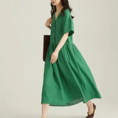 大人の抜け感🌿リネン風テーラードシャツワンピース